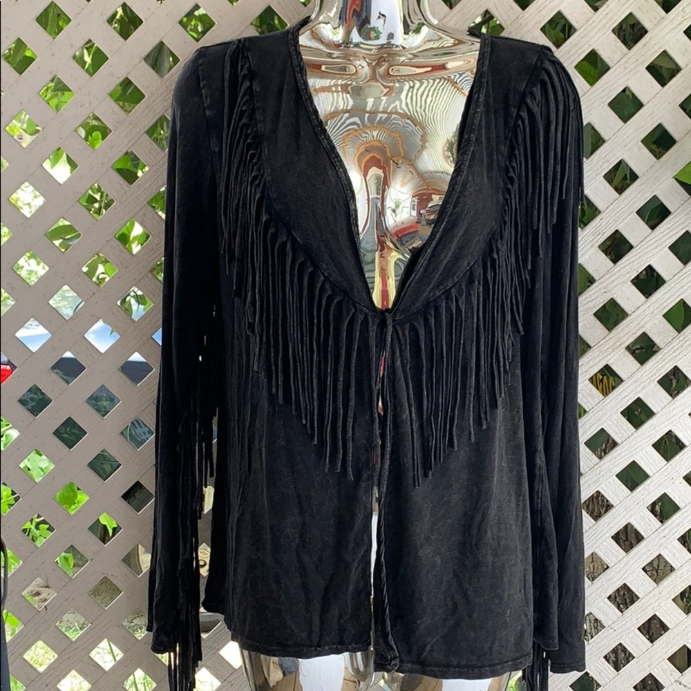 T Party Fashion Black Long Sleeve Fringe Top
